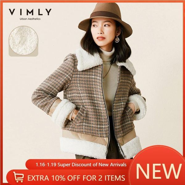 

vimly winter woolen coats for women fashion lapel zipper pockets splicing plaid short jacket female thicken overcoat f56511, Black