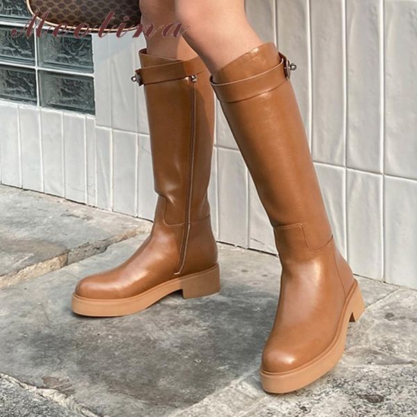 

boots meotina real leather riding women platform med heel knee high buckle thick shoes wool zip female long 40, Black