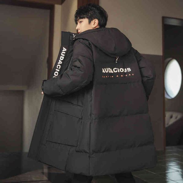 

winter new hooded down jacket warm coat down jacket young men's middle and long men's fashion down jacket, Black