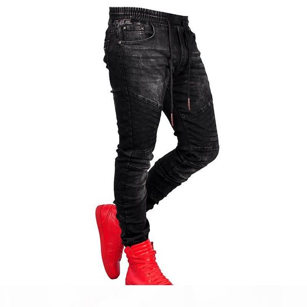 

men's pure colors waists jeans pants moto biker jeans slim men leisure movement skinny high elastic pencil long pants, Blue