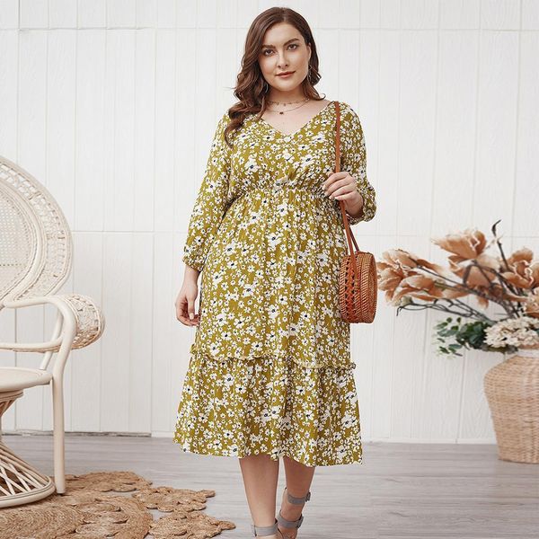 

2020 summer plus size women's dress deep v-neck cotton retro floral high waist long dress new casual large size elegant dress, Black;gray