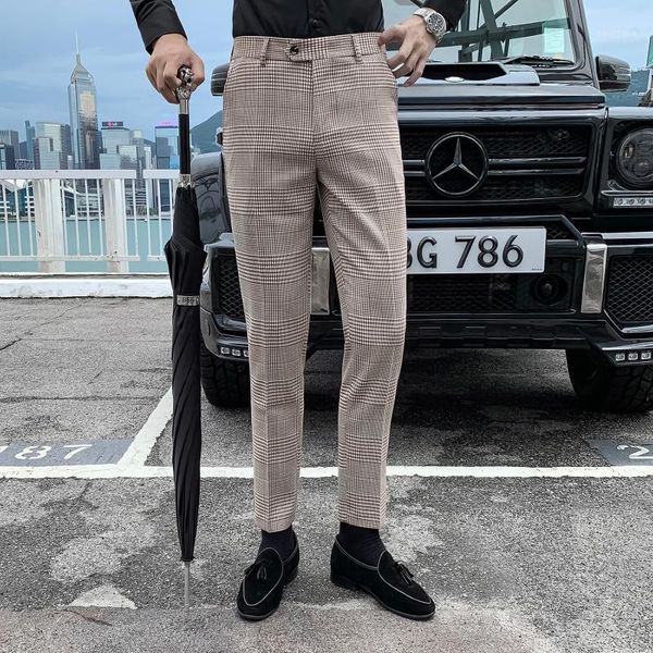 

korean men's trousers slim feet casual business dress pants office social plaid trousers streetwear wedding non-iron suit pants1, White;black