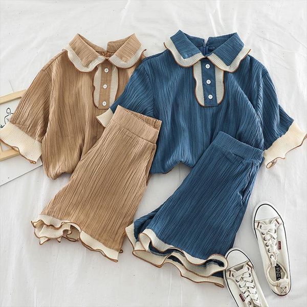 

womens suits summer short sleeve blouse elastic waist wide leg shorts 2 piece set 2021 womans clothes ruffles fashion suits, Gray