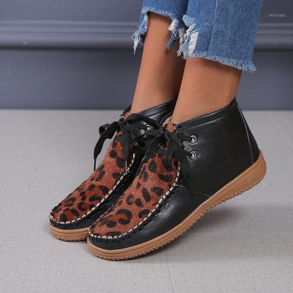 

new women winter snow boots leather ankle spring flat shoes woman short vintage boots women leopard lace up botas mujer1, Black
