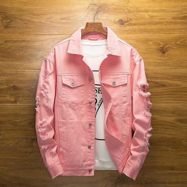 

men pink denim jackets outerwear jean coats new spring autumn men holes jena jackets slim denim size 3xl1, Black;brown