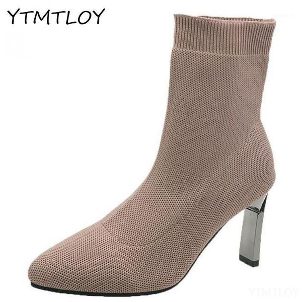 

boots metal blade heels socks women stretch fabric elastic stilettos heel pointed toe ankle shoes woman boats1, Black