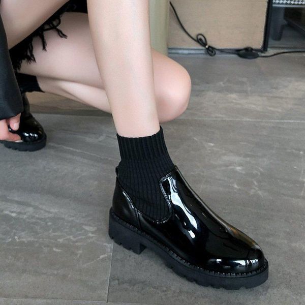 

boots 2021 fashion autumn combat women black ankle platform punk gothic shoes bright leather warm plush sock