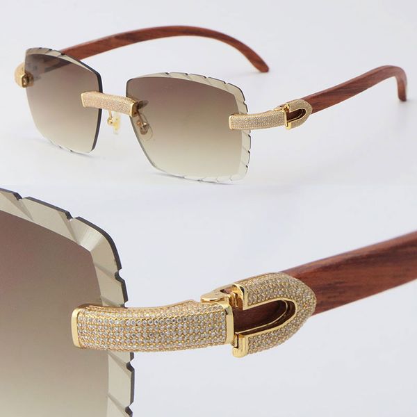 Novos óculos de sol femininos sem aro de metal para praia, mistura de madeira original, conjunto de diamantes micropavimentados, óculos femininos, armação de direção masculina e feminina com óculos de ouro 18K