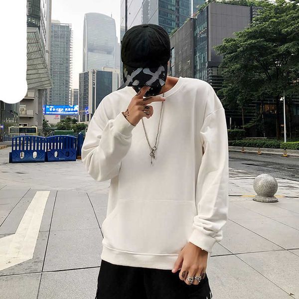 

cotton men sweatshirt women crewneck pullover with pocket streetwear clothing casual tracksuit sweatshirts, Black