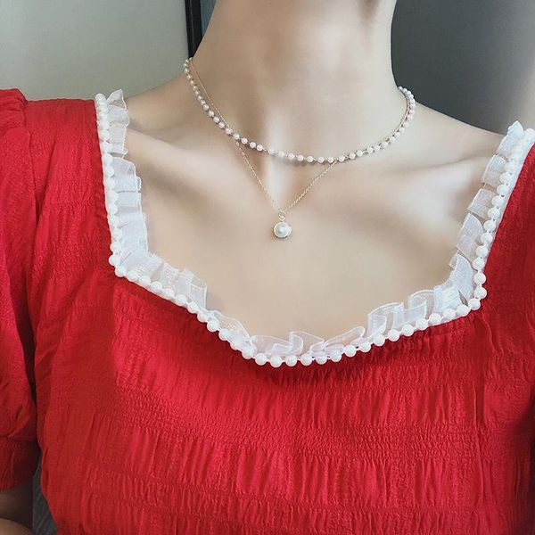 

2021 new double layer chain gold choker necklace women korean style pearl pendant necklace fashion jewelry collar ing, Silver