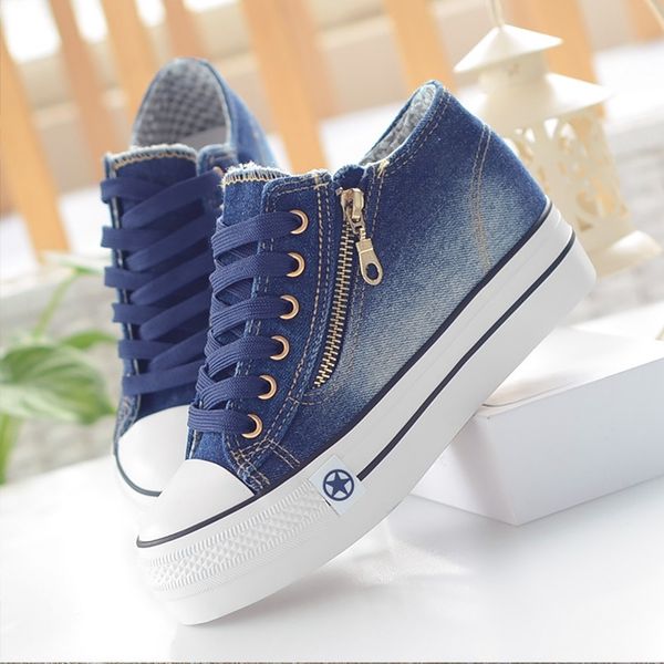 

canvas shoes for women spring/autumn zipper beautiful chunky shoes girls casual solid denim soft sneakers women antiskid y200801, Black