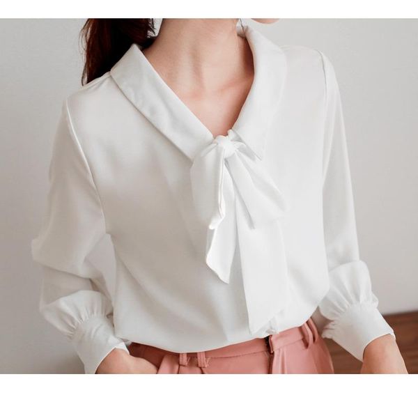 

women's blouses & shirts woman feminina vintage blouse fashion clothes 2021 spring autumn white bow chiffon female d0040