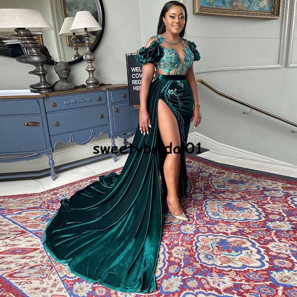 

green velvet evening dress split 2021 scoop illusion short sleeves vestidos de novia party gowns formal prom party gowns, Black