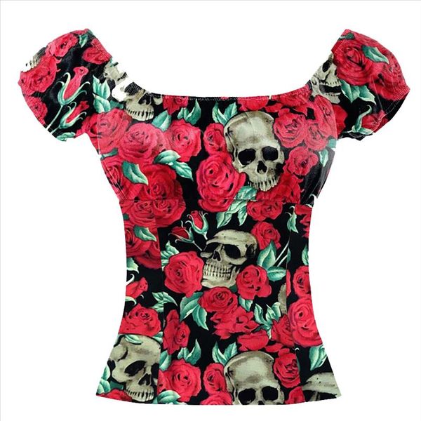 

new woman shirt floral skull print junior punk street style lady shirt short sleeve female peasant pin up clothing, White