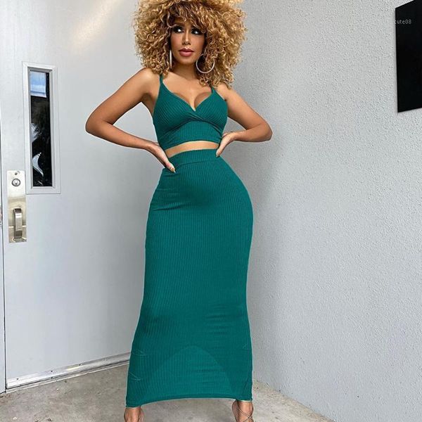 

women's tracksuits ribbed knit two piece set 2021 summer clothes for women crop and long skirt 2 club outfits matching sets1, Gray