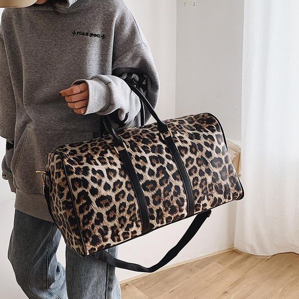 

travel big bag fashion leopard print tide bag large capacity one-shoulder diagonal portable pu leather fitness backpack