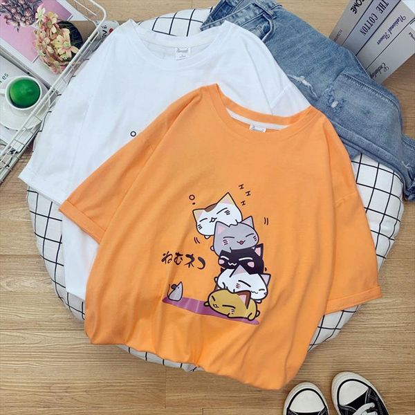 

95% cotton chic summer new personality korean style japanese cat 2020 women t shirts white plus size tees gothic tyd28