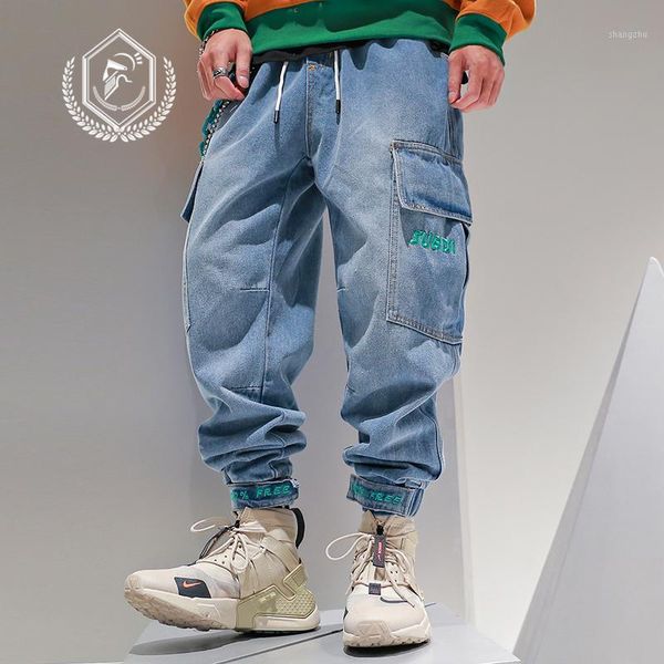 

golomise men loose harem jogger safari style jeans fashion pockets ankle-length hip hop jeans1, Blue