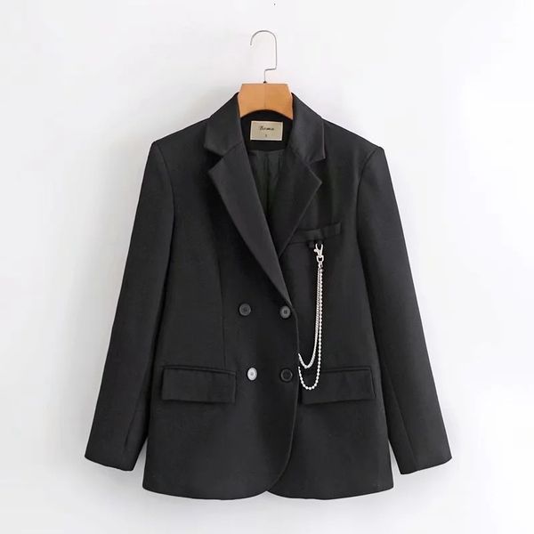

2021 new women elegant blazer chain decorate long sleeve double breasted coat office work suit jacket outerwear krkp, White;black