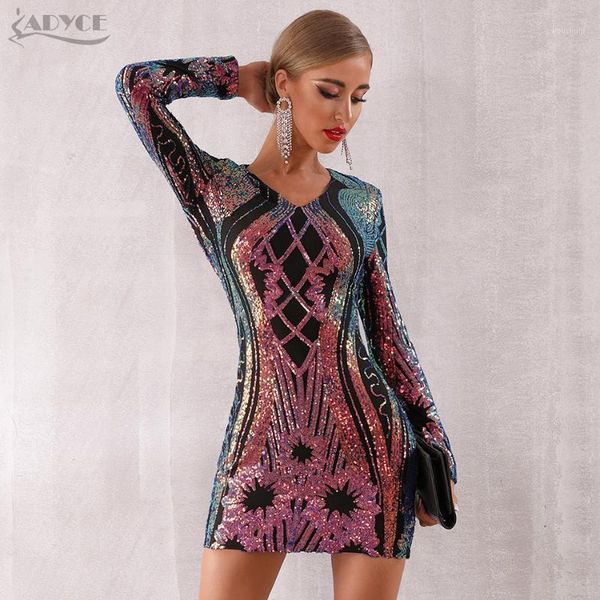 

adyce 2020 new spring sequined celebrity evening runway party dress women mini deep v long sleeve luxury club dress vestido1, Black;gray