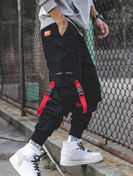 

men flap pocket buckle tape cargo pants m42t#, Black