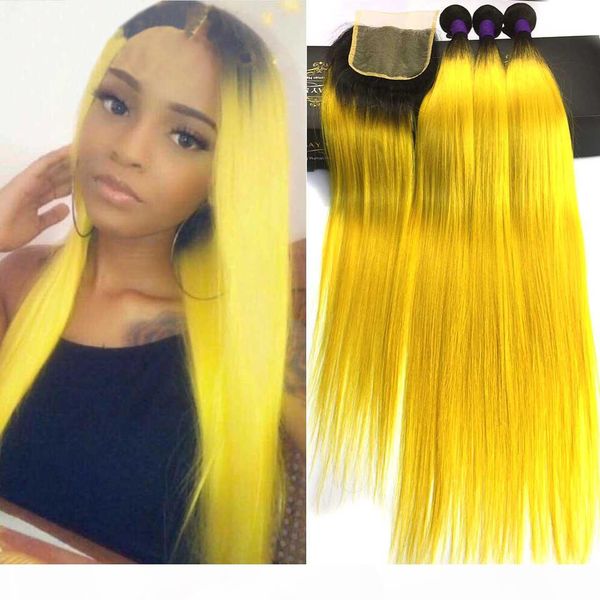 

ombre brazilian straight hair 3 bundles deal with lace closure remy human hair bundles with closure colored 1b yellow orange dark root, Black;brown