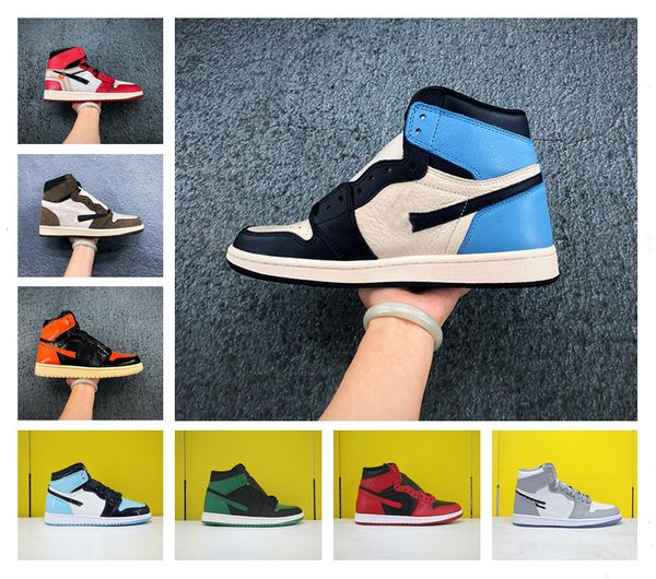 

2020 jumpman 1 1s high og travis scotts obsidian unc basketball shoes mens chicago red and green toes designer sports sneakers size 36-46
