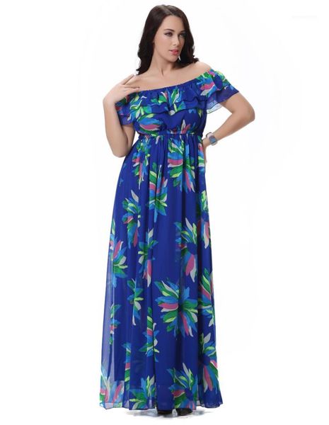 

wholesale- 2017 moda mujer chiffon women summer dress slash neck sleeveless multi wear blue printed floral long maxi dress plus size 6xl1, White;black