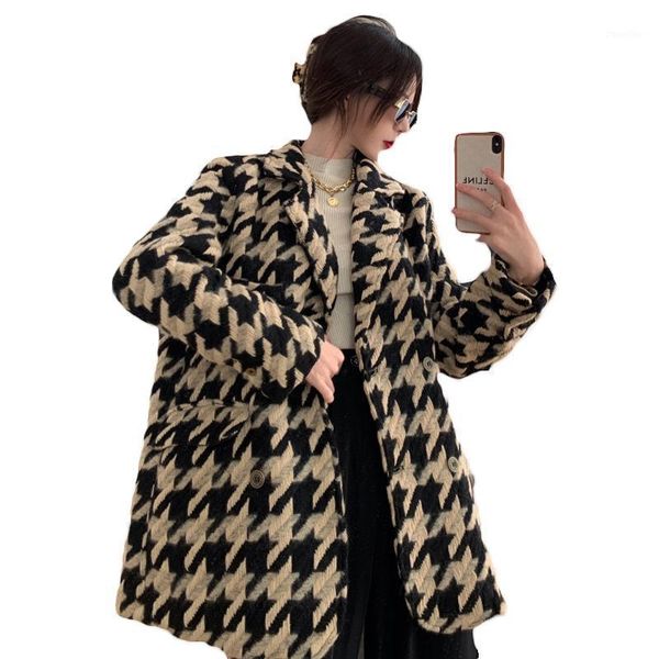 

fashion houndstooth wool coats women's autumn winter jackets thickening 2021 new waist mid-length cashmere woolen coat 48c1, Black