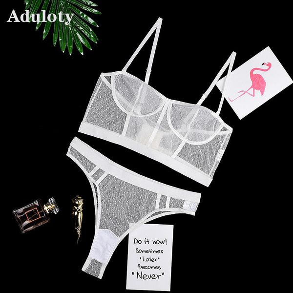 

aduloty new women's polka dot lace lingerie set mesh perspective wire support comfortable bra set thong underwear set c1212, Black;white