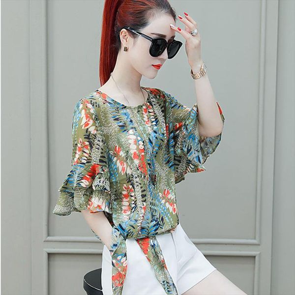

women spring summer style chiffon blouses shirts lady casual flower printed bow tie docor loose blusas df2897, White