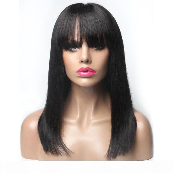 

short blunt bob wigs with fringe bangs 5*5 silk human hair wigs for women pre plucked hairline with baby hair, Black;brown