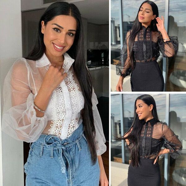 

women mesh long puff sleeve shirt blouse ladies sheer see-through shirts ladies blouses clothing1, White