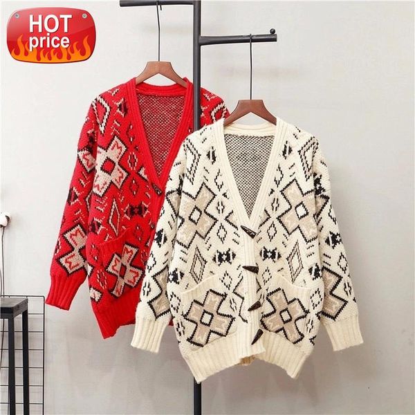 

retro literary geometric cardigan sweater women's single-breasted pocket thickened loose knit cardigan jumpers spring autumn #ep7a, White