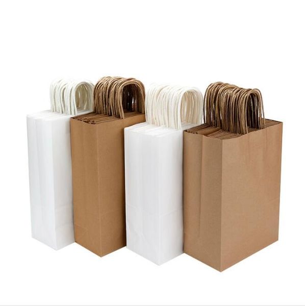 

10pcs/lot white kraft paper bag with handles wedding party bag fashionable clothes gifts packaging