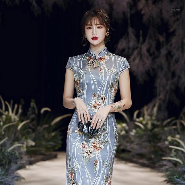 

cheongsam qipao new women's artificial silk cheongsam ladies long split tang costume weeding party long dress1, Red