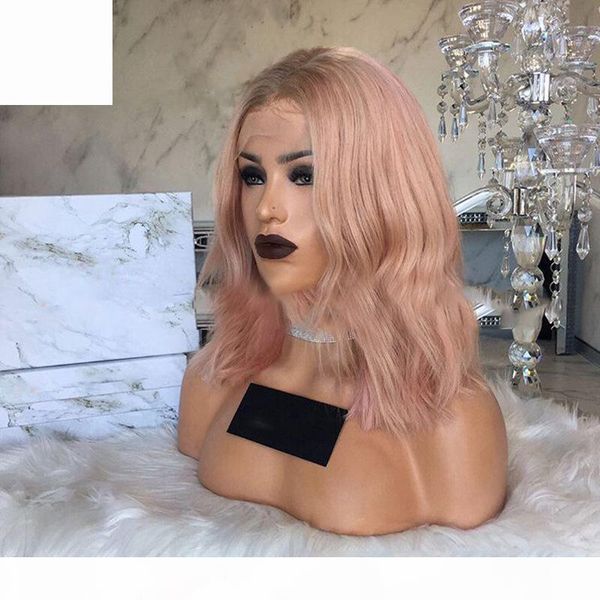 

no bad smell european and american womens wig mid-point corn fashion micro-roll water ripple long hair primary color light pink short cu, Black