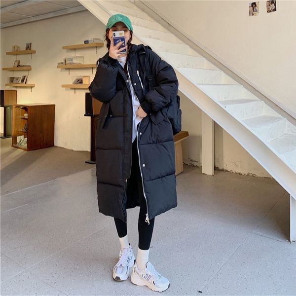 

2020 winter fashion new thickened clip loose medium length hooded down cotton jacket for women, Black