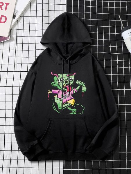 

men monster print drop shoulder kangaroo pocket drawstring hoodie v0vv#, Black
