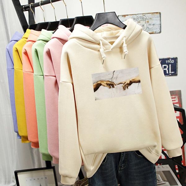 

women's hoodies & sweatshirts plus size women sweatshirt loose sweat oversize thick fleece creative hands printed for teen girls, Black