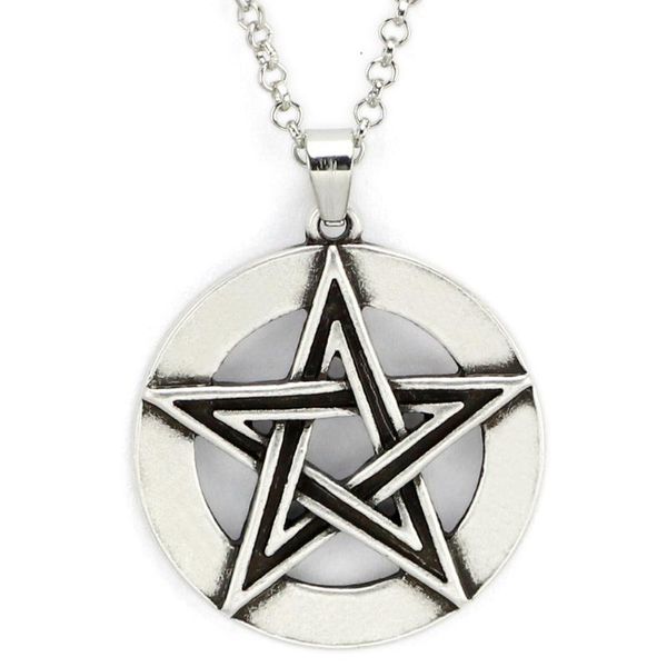 

men's enamel black pentagram pentacle star pendant necklace, Silver