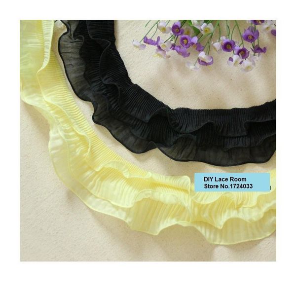 

wholesale 7.3cm 4yds white/black /yellow/ red chiffon ruffled lace trimming/ elastic ruffles lace fabric sewing accesso sqcizz