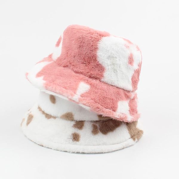 

wide brim hats winter 2021 women bucket hat cow print adjustable warm plush fisherman cap comfortable casual cute thick, Blue;gray