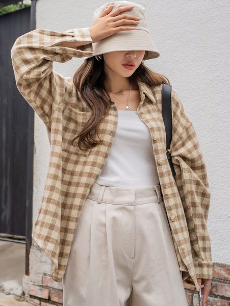 

dazy gingham patched pocket drop shoulder blouse 80kc#, White