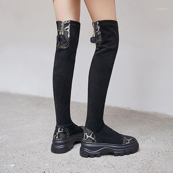 

thigh high boots women high heels shoes mixed colors snake thick bottom stretch boots round toe over-the-knee1, Black