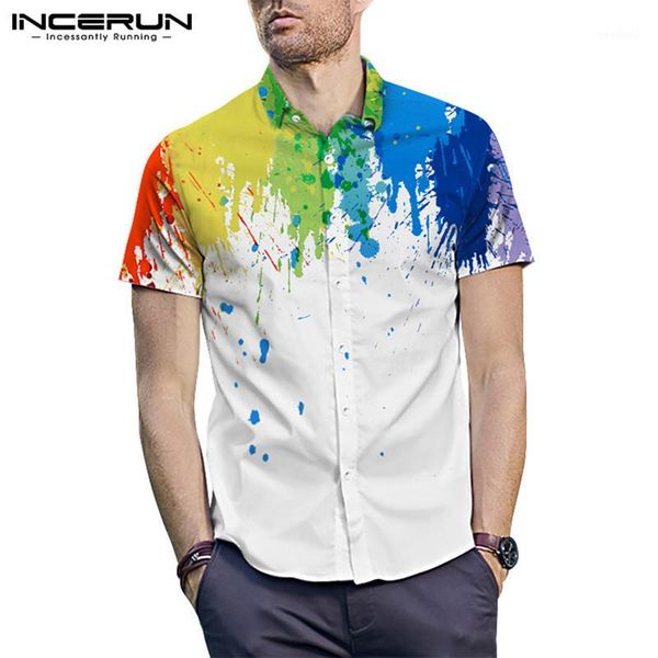 

2019 men business shirt splashed ink print button lapel short sleeve blouse breathabel casual brand shirt men incerun streetwear1, White;black