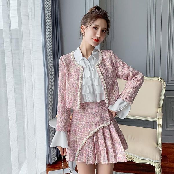 

women's tracksuits 2021 autumn and winter ladies small fragrance elegant tweed jacket + pleated high waist skirt shirt three-piece fema, Gray