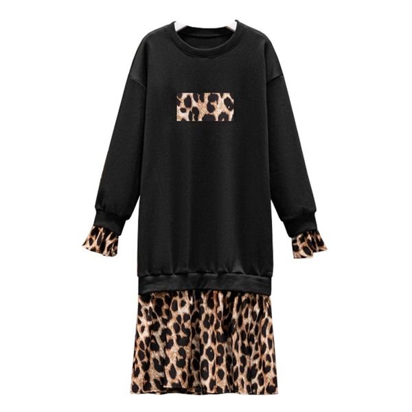 

leopard texture stitching plus velvet long-sleeved sweater dress, Black
