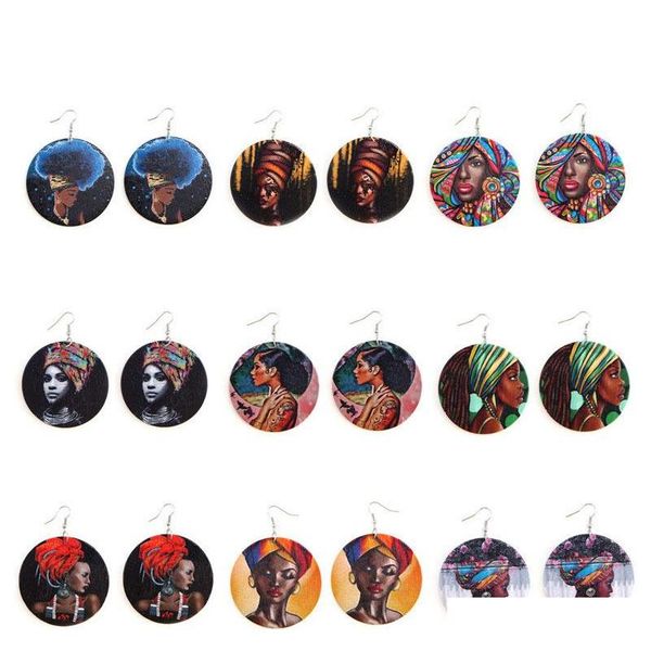 

fashion beauty printing afro female pattern wooden earrings dangle round wood charm ear hook earrings eardrop statement jewelry gift zbjcl, Silver