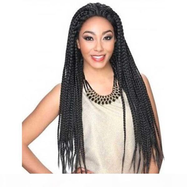 

braided lace front wig baby hairs synthetic heat resistant fiber braid hair black color double box braids lacefront wigs for black women, Black;brown